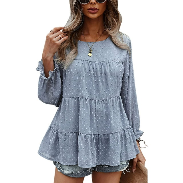 Women's Tops Casual Swiss Dot Cap Sleeve Ruffle Loose Babydoll Shirt Blouse Tunic Top