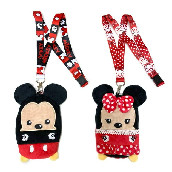 Disney Lanyards with ID Holder and Zip Pouch- Mickey and Minnie Mouse Plush Lanyards - Perfect Accessories and Keychain - 2 Pack