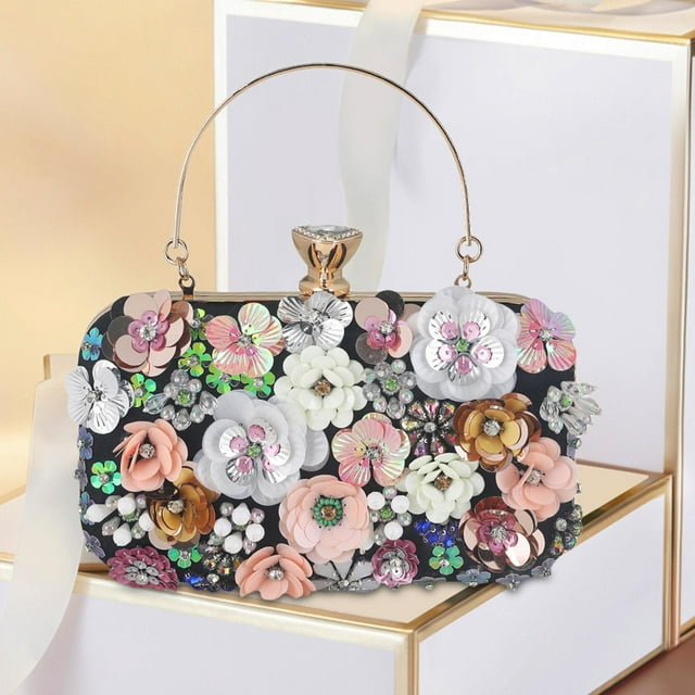 Bolso de Noche de Lujo Asa Fiesta de Cóctel Boda Embrague Floral Colorido , Negro, 20,5 cm x 5 cm x 15 cm 205 cm x 5 cm x 15 cm