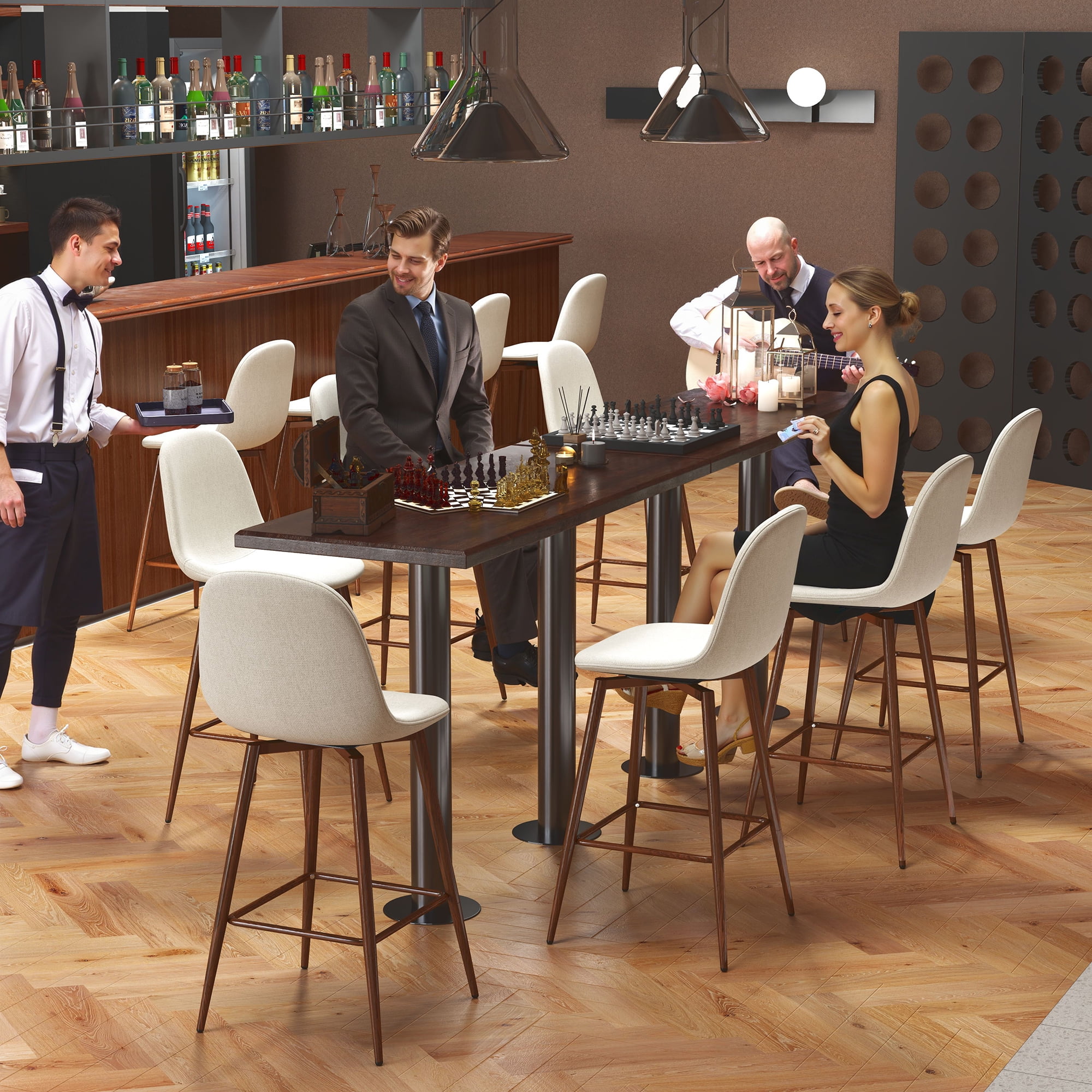 Homy Casa 26" Swivel Counter Height Bar Stools, Set of 2, Beige Fabric, Wood-Look Metal Legs