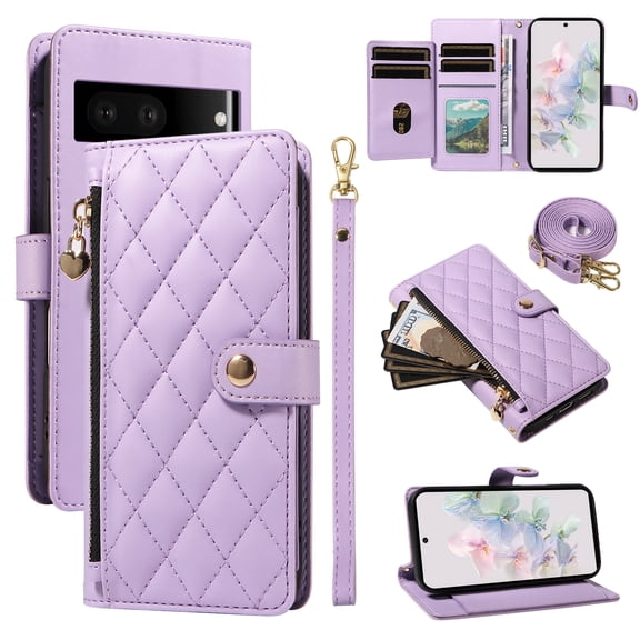 For Google Pixel 7 Wallet Case: with RFID Blocking Card Slots [5 Cards 1 Cash Slot 1 Zipper Pocket | Soft PU Leather Magnetic Snap | Crossbody & Wrist Strap Protective Phone Cover,Purple