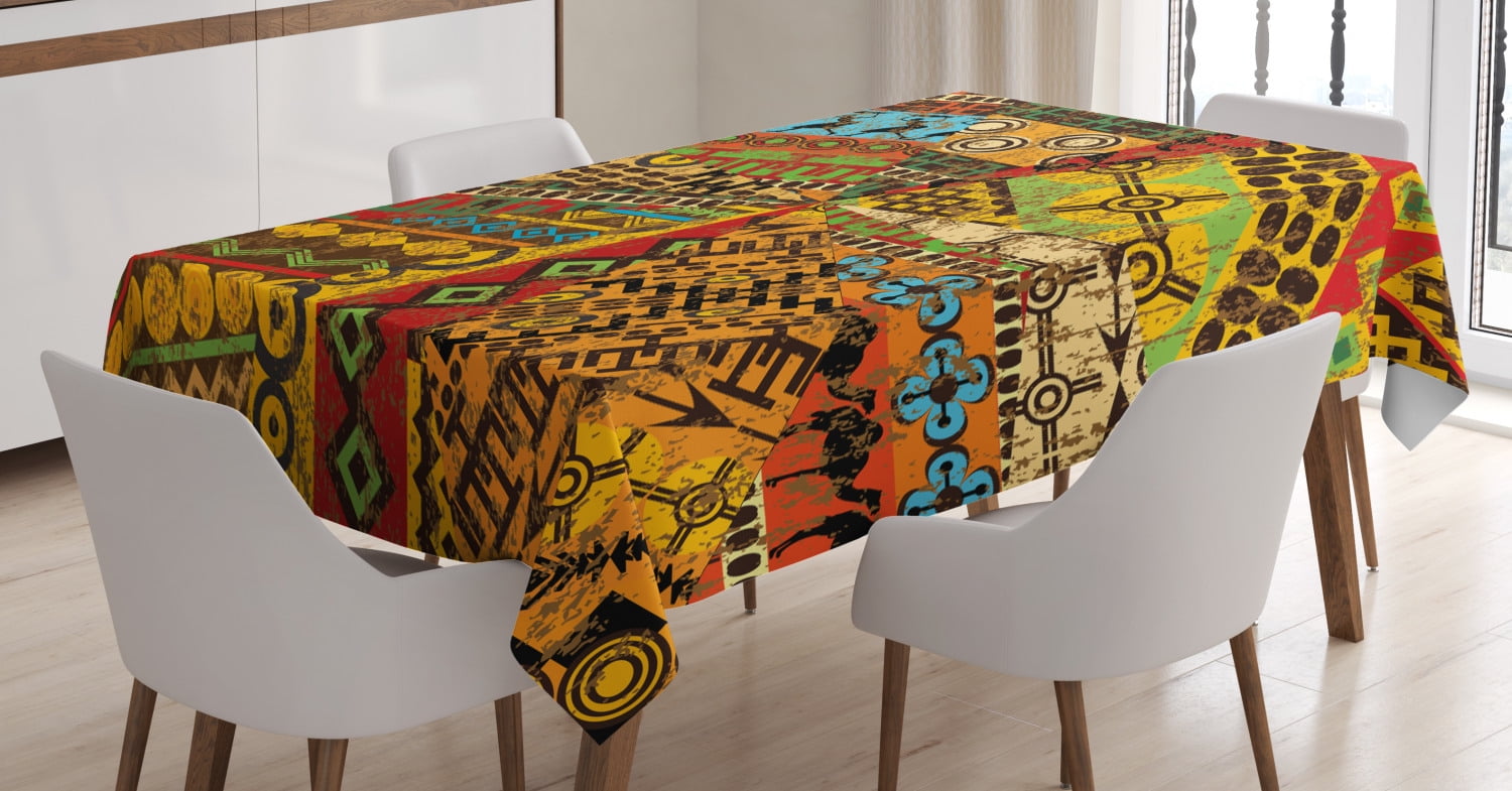 African Tablecloth, Grunge Collage with Ethnic Motifs Tribal Ancient
