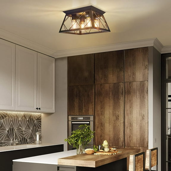 Farmhouse Ceiling Light Semi Flush Mount 4-Light Square Rustic Island Light Fixtures for Entryway Hallway Dining Room Living Room Bedroom