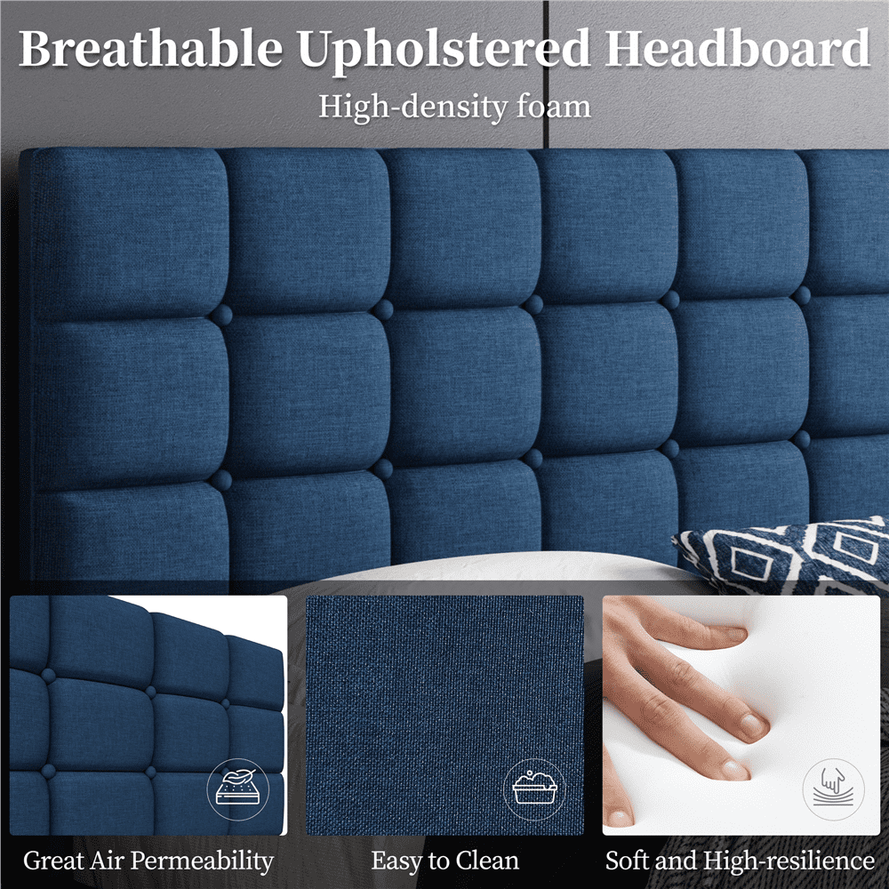 Fullfurnique Upholstered Platform Bed Frame with Square Tufted Headboard, Full, Navy Blue