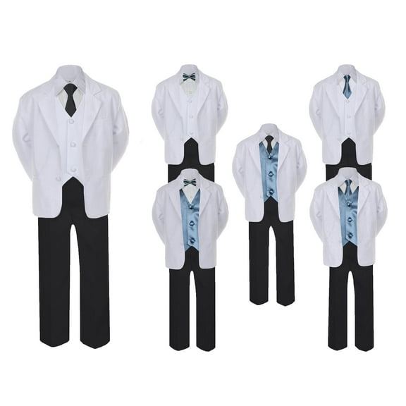 5-7pc Formal Black White Suit Set Dark Gray Bow Long Tie Vest Boy Baby Sm-20 Teen
