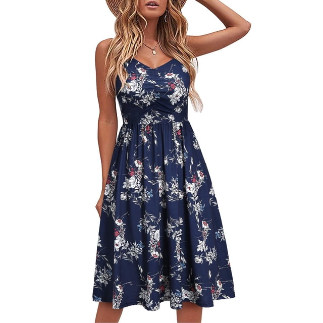 Vestidos casuales para mujer sin mangas de algodón vestido de playa de verano una línea de tirantes de espagueti vestidos de verano con bolsillos