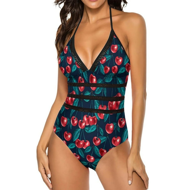 Cute Cherry Swimsuit Red Fruit Print Push Up Swimwear One