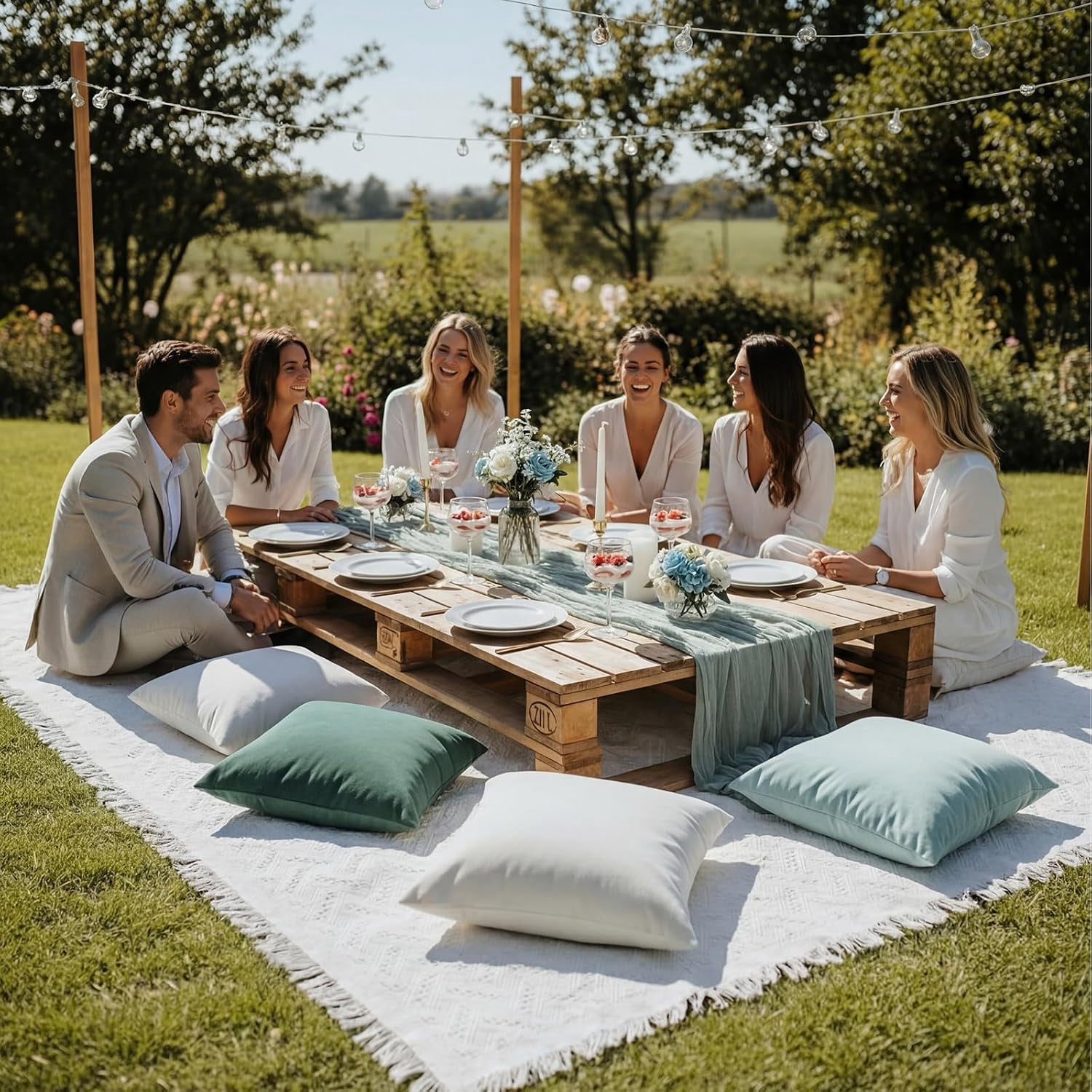 10 Pcs 71''x102'' Extra Large White Outdoor Boho Picnic Blanket with Green Table Runner 8 Throw Pillow Cover Oversized Washable Portable Beach Blanket for Valentine Picnic Camp Lawn Wedding