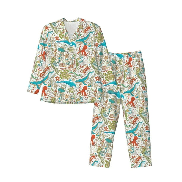 Balery Sea Animal Pijama para Hombre de Dos Piezas con Manga Larga, Conjunto de Dormir y Descanso Suave con Bolsillos-Small