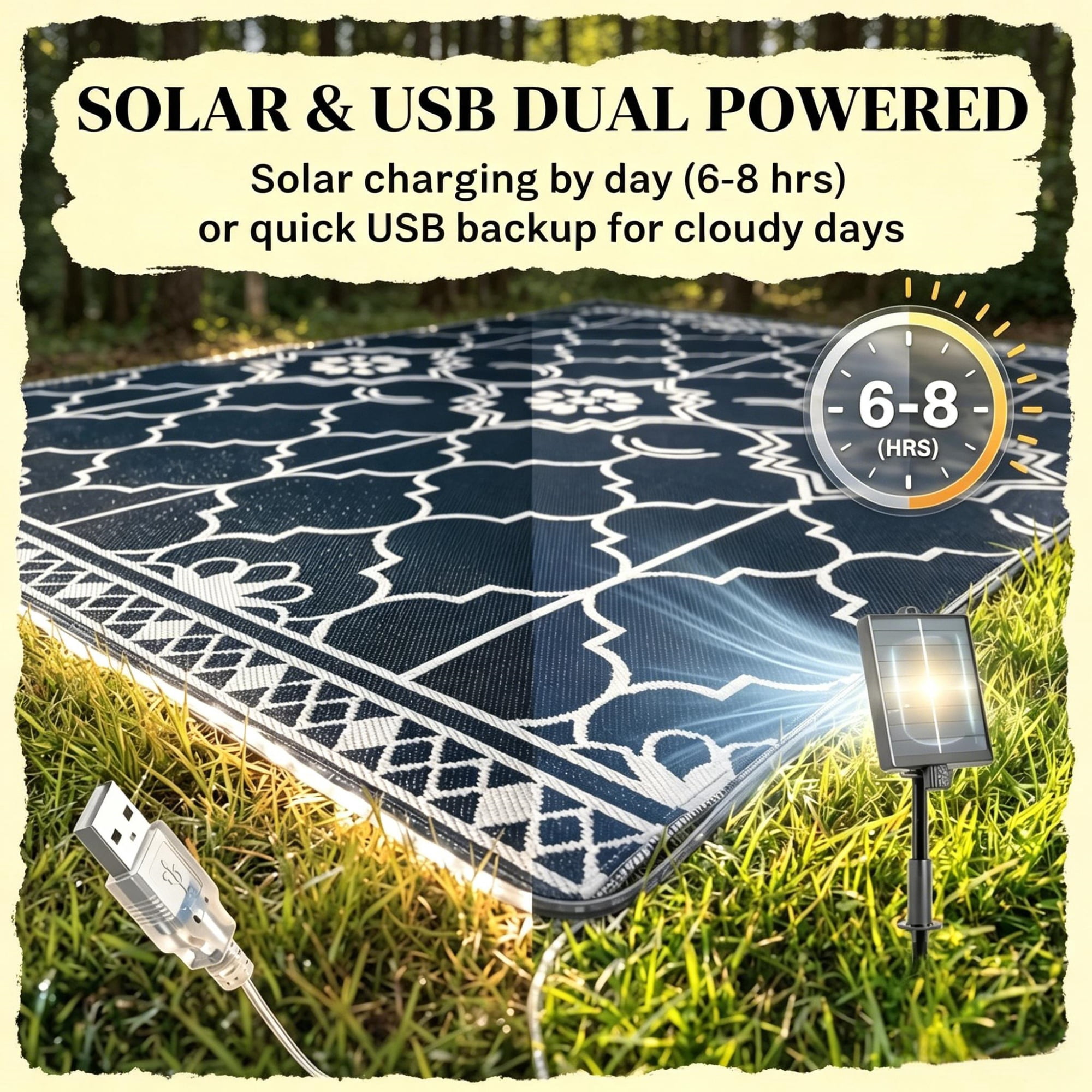 10' x 8' Reversible Outdoor Rug Carpet: LED Light PP Straw Rug with Carry Bag & Ground Stakes for Patio Backyard