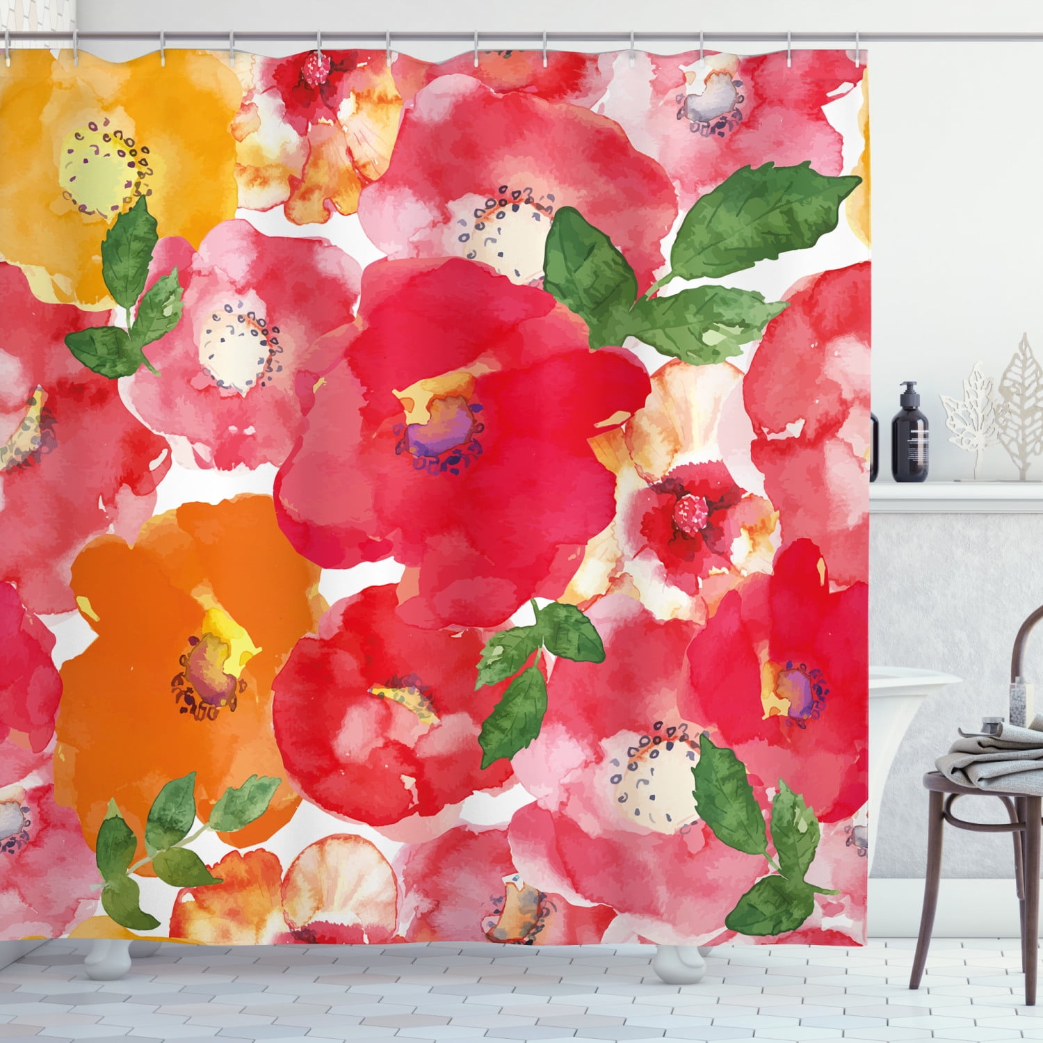 Flower Shower Curtain, Watercolor Styled Effect Floral Theme Beautiful