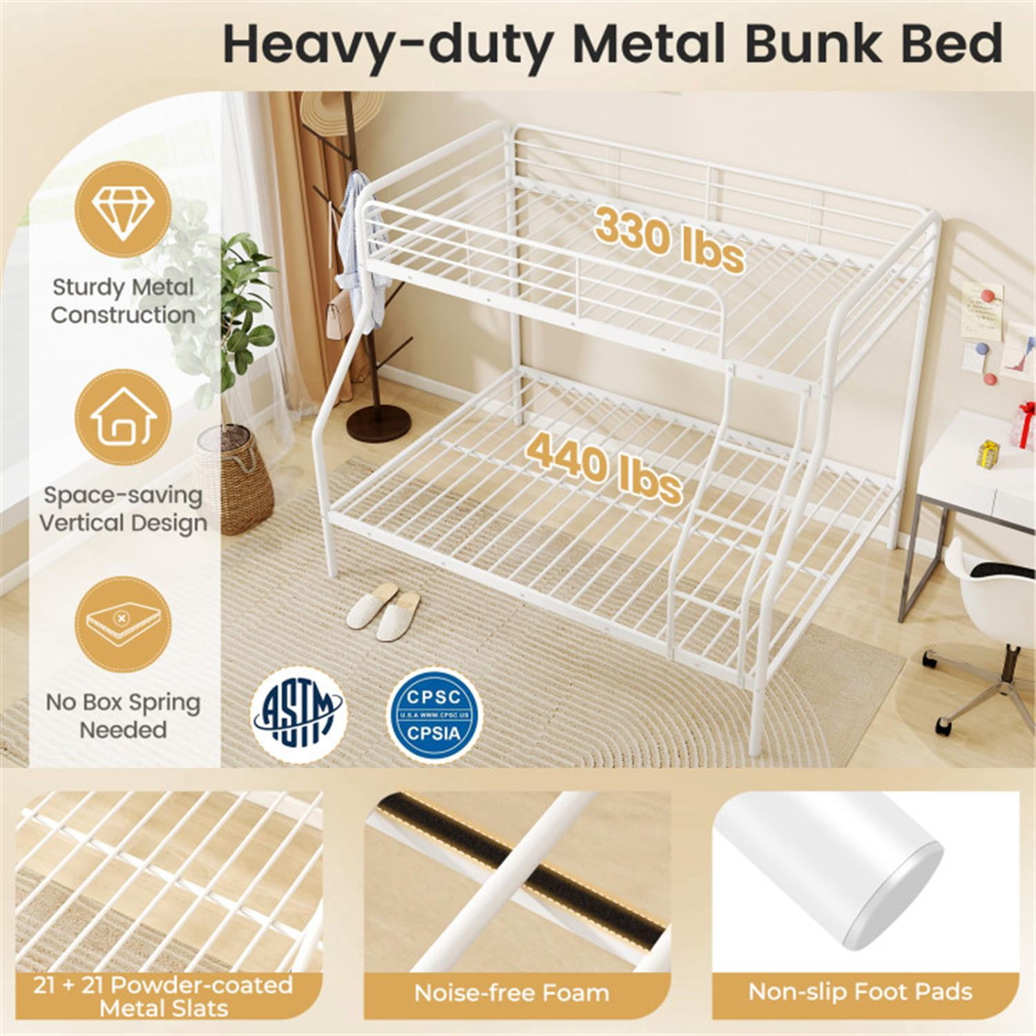Demi Bonn Twin Over Full Bunk Bed with Ladder and Full-length Guardrails, Metal Bunkbeds for Bedroom, No Box Spring Needed, White