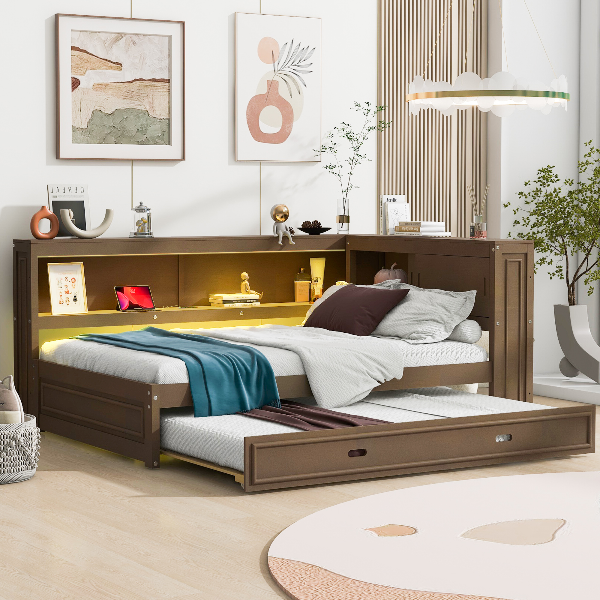 Euroco Wood Full Size Daybed with Storage Shelves and Trundle, USB Charging and LED Light, Wood