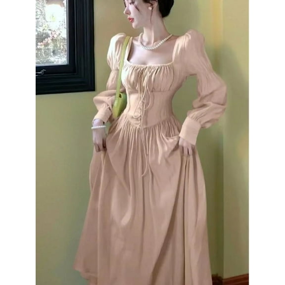 Deng Elegant Princess Party Dress Women High Waist A-line Lace Up Autumn Spring French Vintage Prom Robe One Piece Vestidos Mujer New