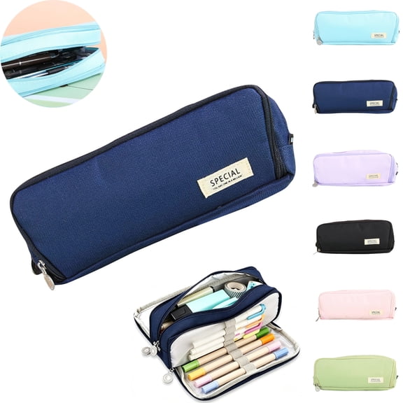 Large Pencil Case 3 Compartments Pencil Pouch Big Capacity Pencil Bag for Kids Teen Girls Boys Student School Supplies Oxford Organizer Pen Bag Cosmetic Makeup Pouch (Navy)