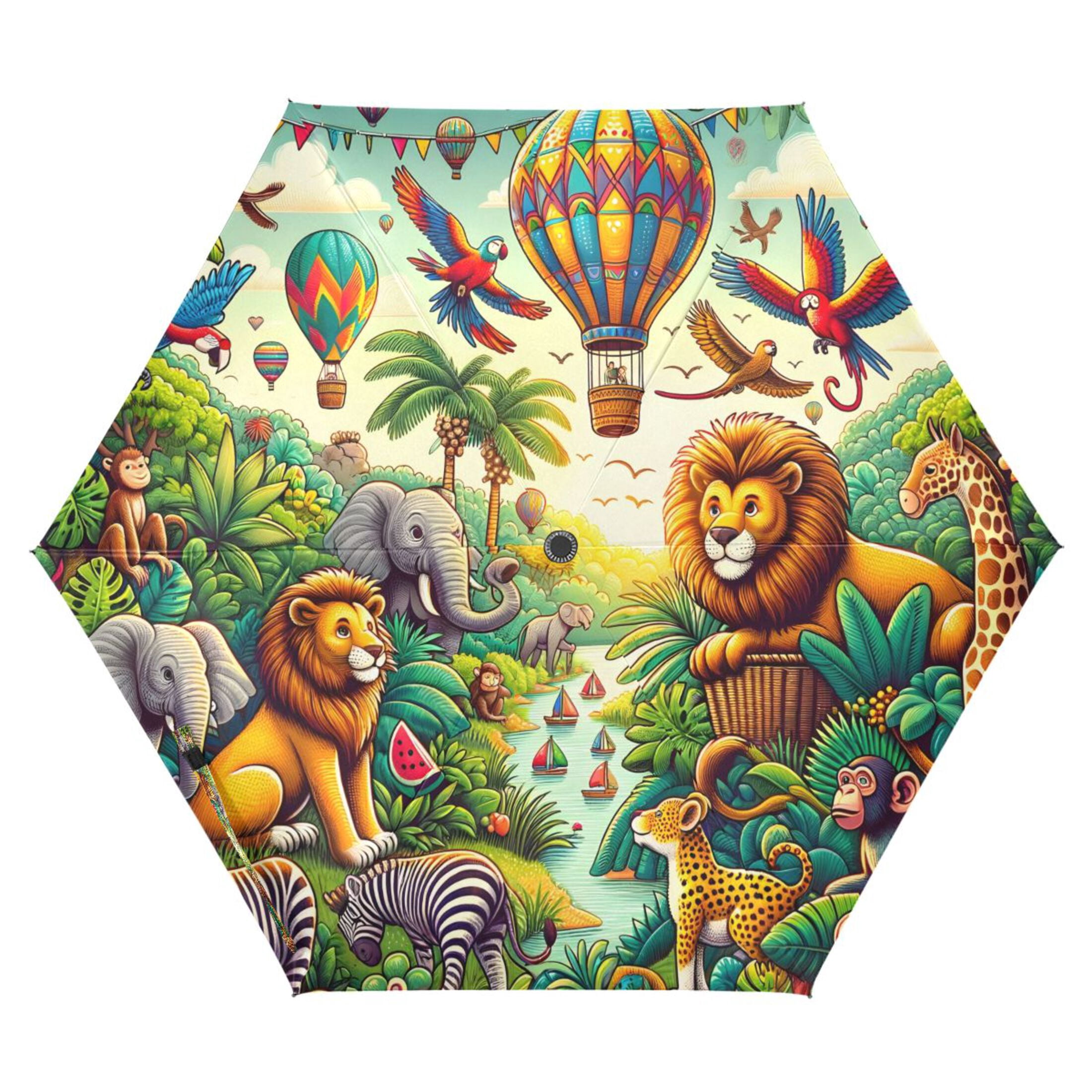 Jungle Animals and Hot Air Balloon Compact Sun Umbrella Windproof Travel Umbrellas for Rain Strong Portable UV Protection