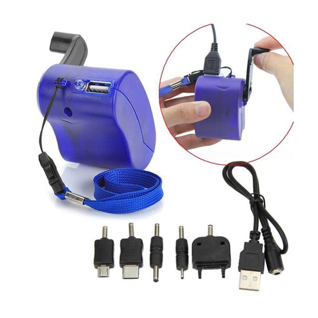 Chargeur Dynamo Mini à Manivelle Sortie USB Banque d'Alimentation d'Urgence avec 5 Connecteurs et Câble USB (Bleu)