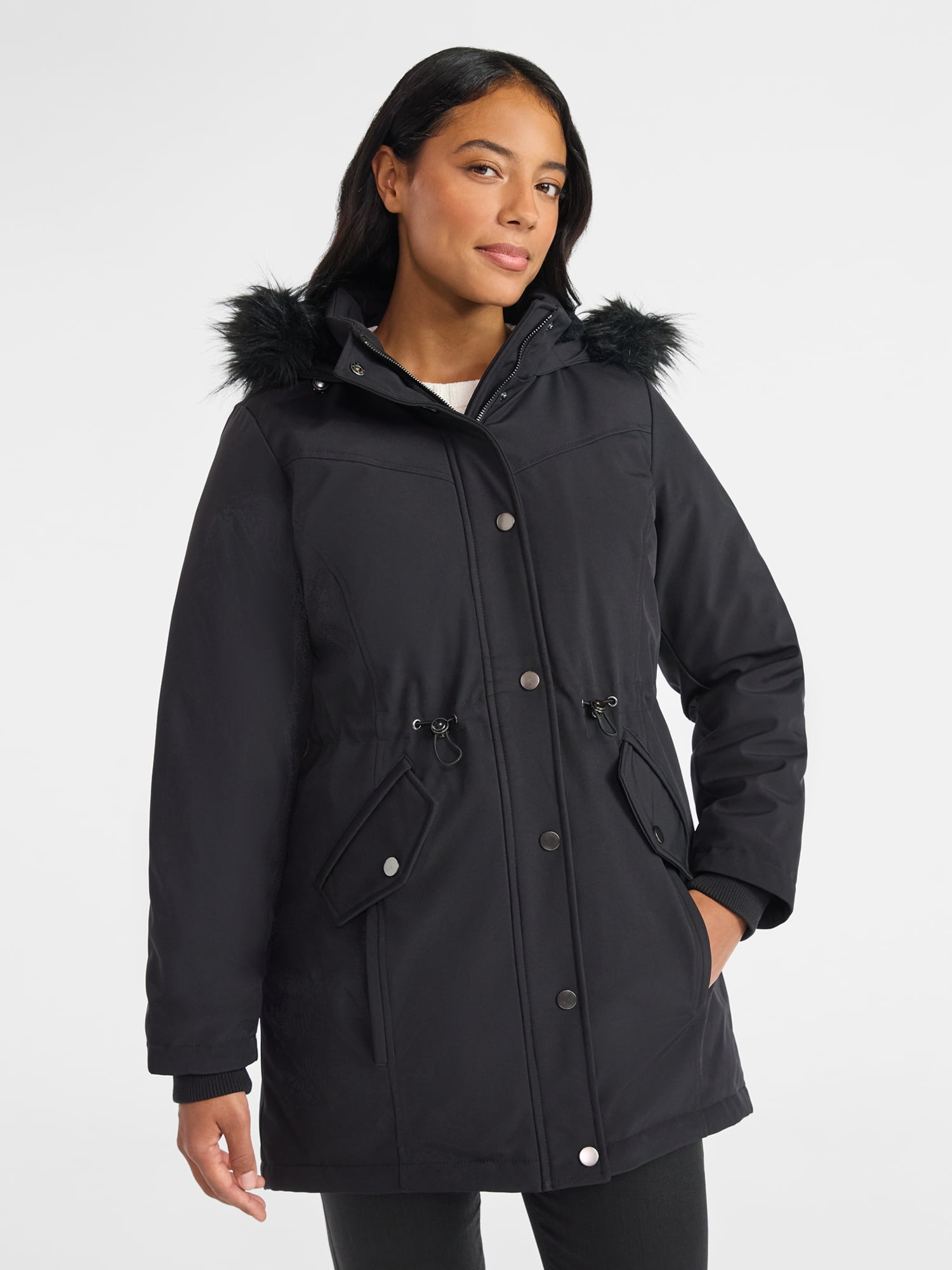 Time and Tru Women's and Women's Plus Hooded Anorak Jacket with Faux Fur Trim, Heavyweight, Sizes XS-2X