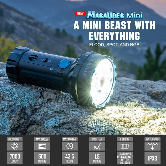 Olight Marauder Mini 7000 Lumens LED Super Bright Rechargeable Flashlight, Black
