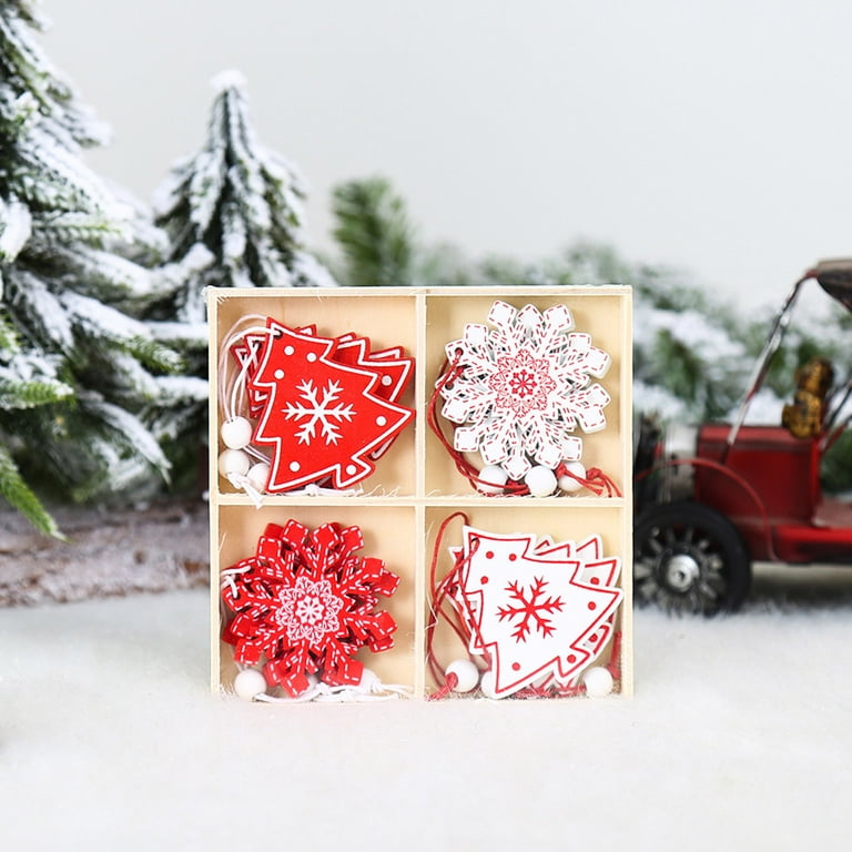 EQWLJWE Wooden Christmas Tree Ornaments - Set of 12 - Small Wooden Snowflake  Hanging Ornament - Rustic Farmhouse Xmas Decorations - Mini 2 Laser Cut  Painted Wood House Pendants 
