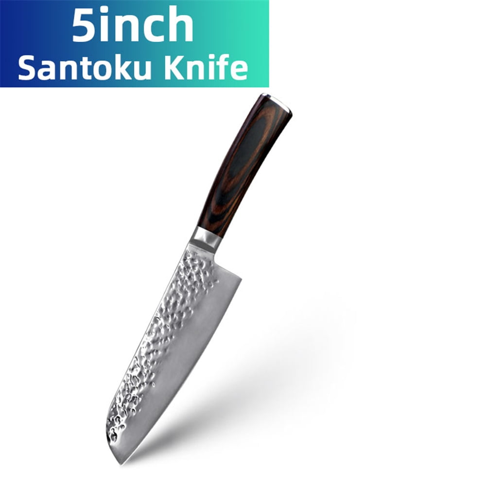 Kitchen Knife 5inch Santoku Knives with Sheath,Stainless Steel Sharp Forged Hammered Blade Non-Stick Fruit Slicer Vegetable Slicing Chef Knife Cutter Cooking Tool