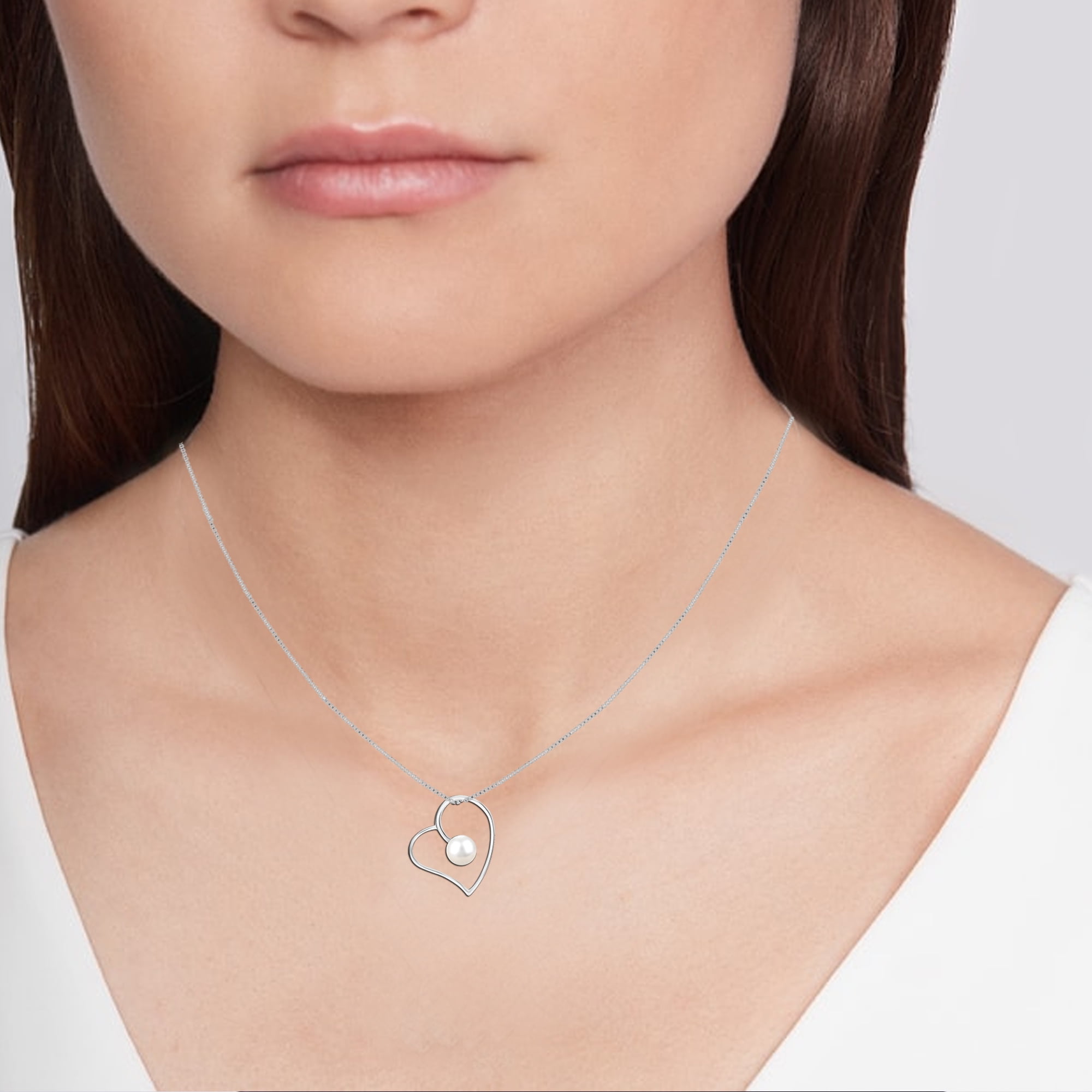 LeCalla 925 Sterling Silver Simulated Pearl Heart Pendant Necklace Jewelry Gifts for Women and Teen 18" Inch