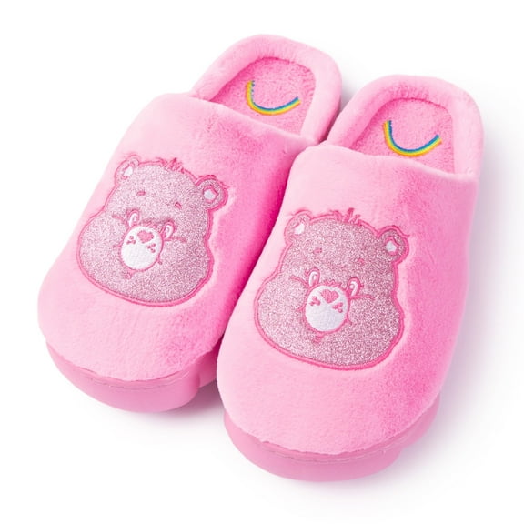 Care Bears Unisex Cozy Plush and Terry Memory Foam Indoor Outdoor Soled Slipper in Sizes S-XL, Cheer Bear-Pink Glitter Scuff, Medium Women