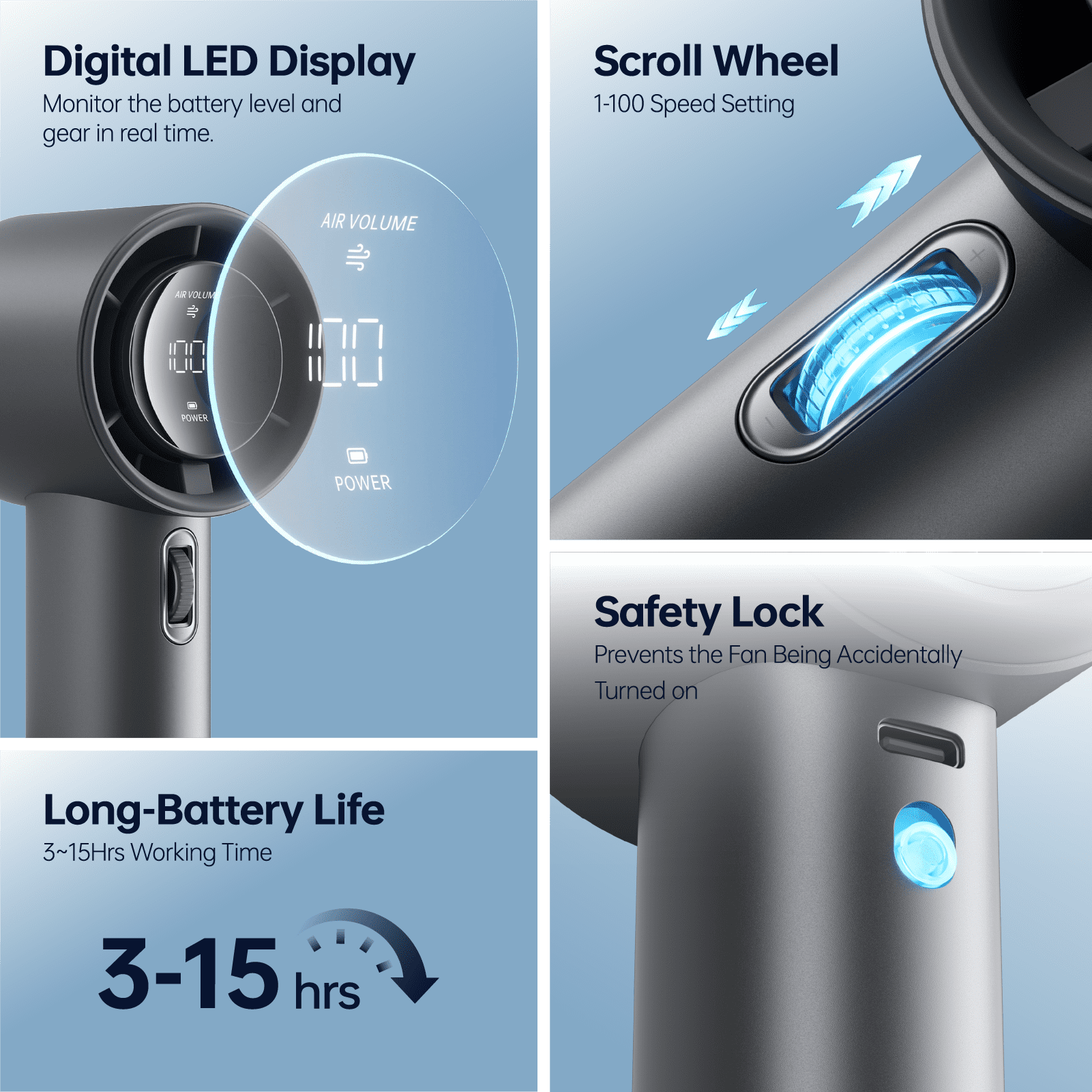 JISULIFE Portable Handheld Fan, Turbo Power High Speed Air [15Hrs Cooling], 100 Speeds, 5000mAh USB Rechargeable Mini Personal Fan, Digital Display, Gift for Travel/Outdoor -Grey