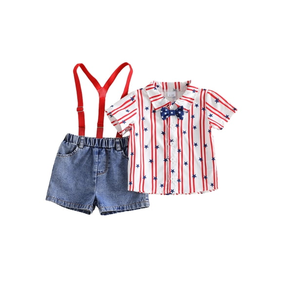 Cenuakty Toddler 6M 12M 18M 24M 2T 3T 4T Boys Shorts Set, Stars Striped Shirt with Denim Overall Shorts Summer 4th of July Outfit