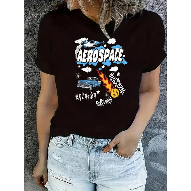 Camisetas con gráficos clásico para mujeres y adolescentes y niñas, playera de verano con estampado estético1pc Women'S Casual Round Neck Short Sleeve T-Shirt with Geometric Car and Flame Print, Pol