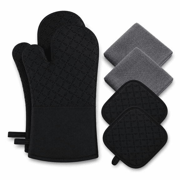 PLERISE 6 Piece Oven Mitts Set, High Heat Resistant 500°F, Extra Long with Non Slip Silicone, Black