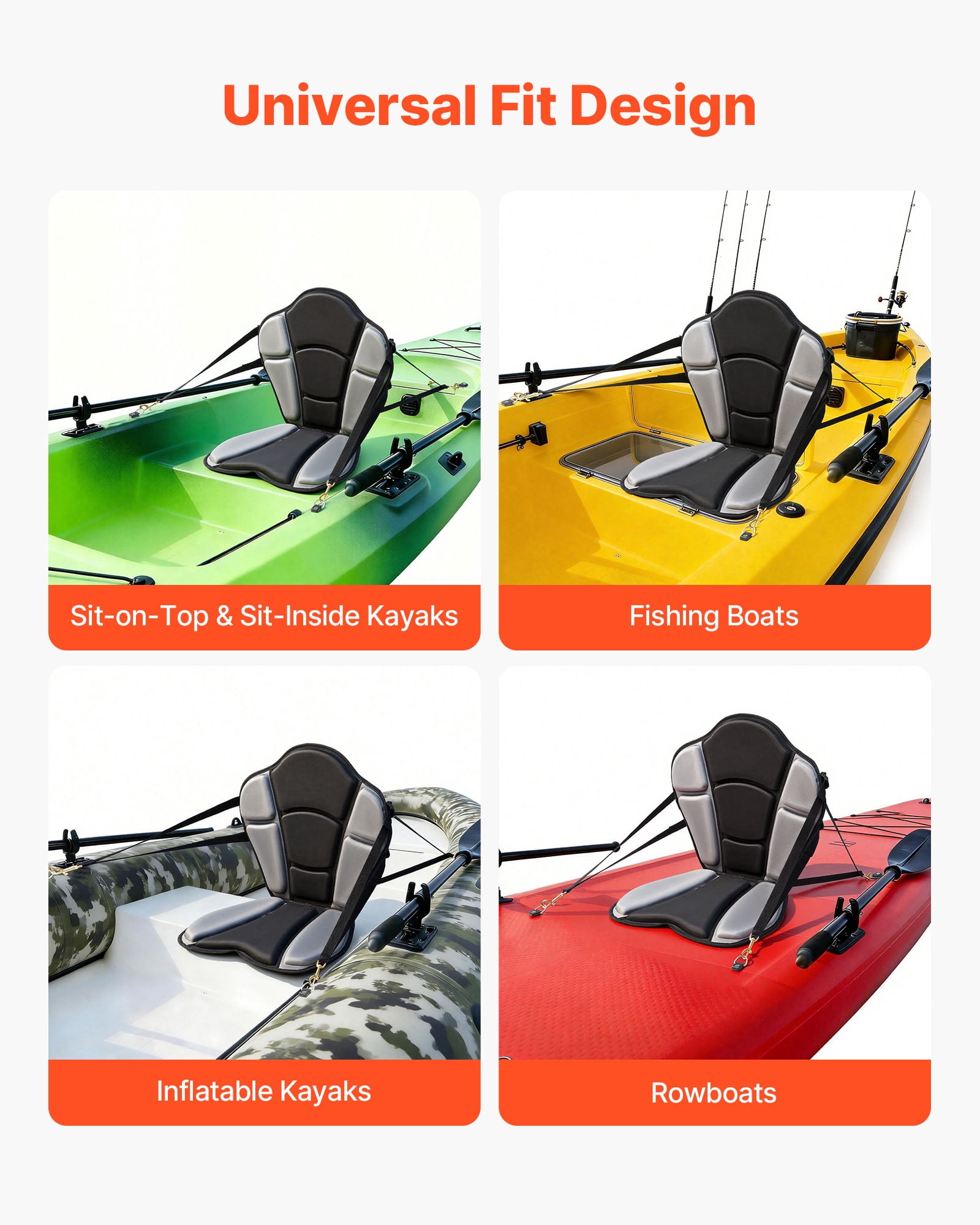 VEVOR Kayak Seat, 1 Pack 1" Thick, Universal Paddle Board Seat with Back Support, Sit-on-Top Soft Padded Cushion with Storage Bag & Adjustable Straps for SUP, Fishing Boat, Inflatable Kayak, Rowboat