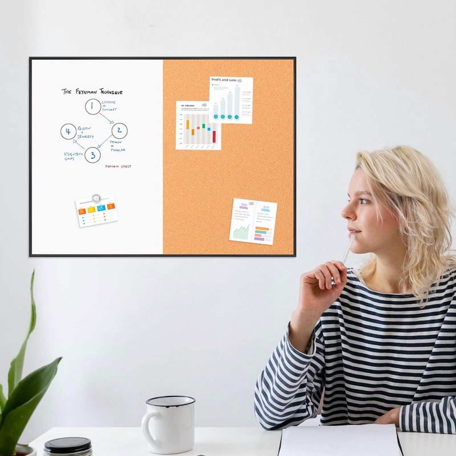 Combination Magnetic Whiteboard Cork Bulletin Board, 36" X 24" Combo Dry Erase White Board for Wall Cork Pin Board for Home Office Wall Mounted, Include 2 Markers, 6 Magnets, Eraser and Push Pins