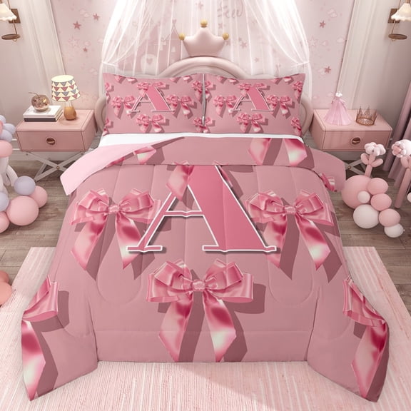 Castle Fairy Ribbon Bow Knot Personalized Initial A Bedding Comforter Set 2pcs for Preppy Child Teens,Pink Bow-Tie Twin Comforter Sets Microfiber,Dreamy Princess Bow Alphabet Breathable Bedding Set