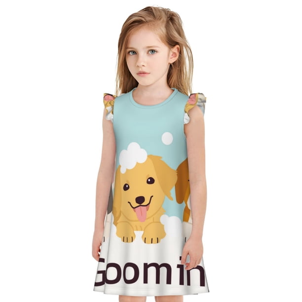 Fotbe Cute Dog In Bathtub1 Vestido de Dormir para Niñas de 3 a 10 Años, Mangas Cortas, Estilo Princesa, Pijama Camisón con Mangas Voladas-X-Large