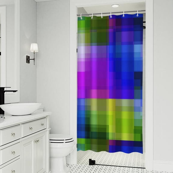 Blue and Purple Checkered Pattern Modern Waterproof Shower Curtain Set with 12 Hooks, Washable Decorative Bathroom Shower Curtain