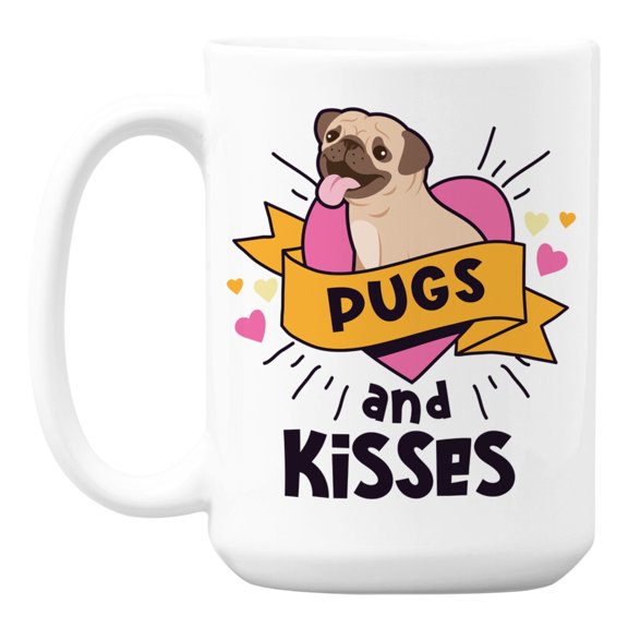 Pugs and Kisses feat. a Cute Pug White Ceramic Coffee & Tea Mug (15oz)