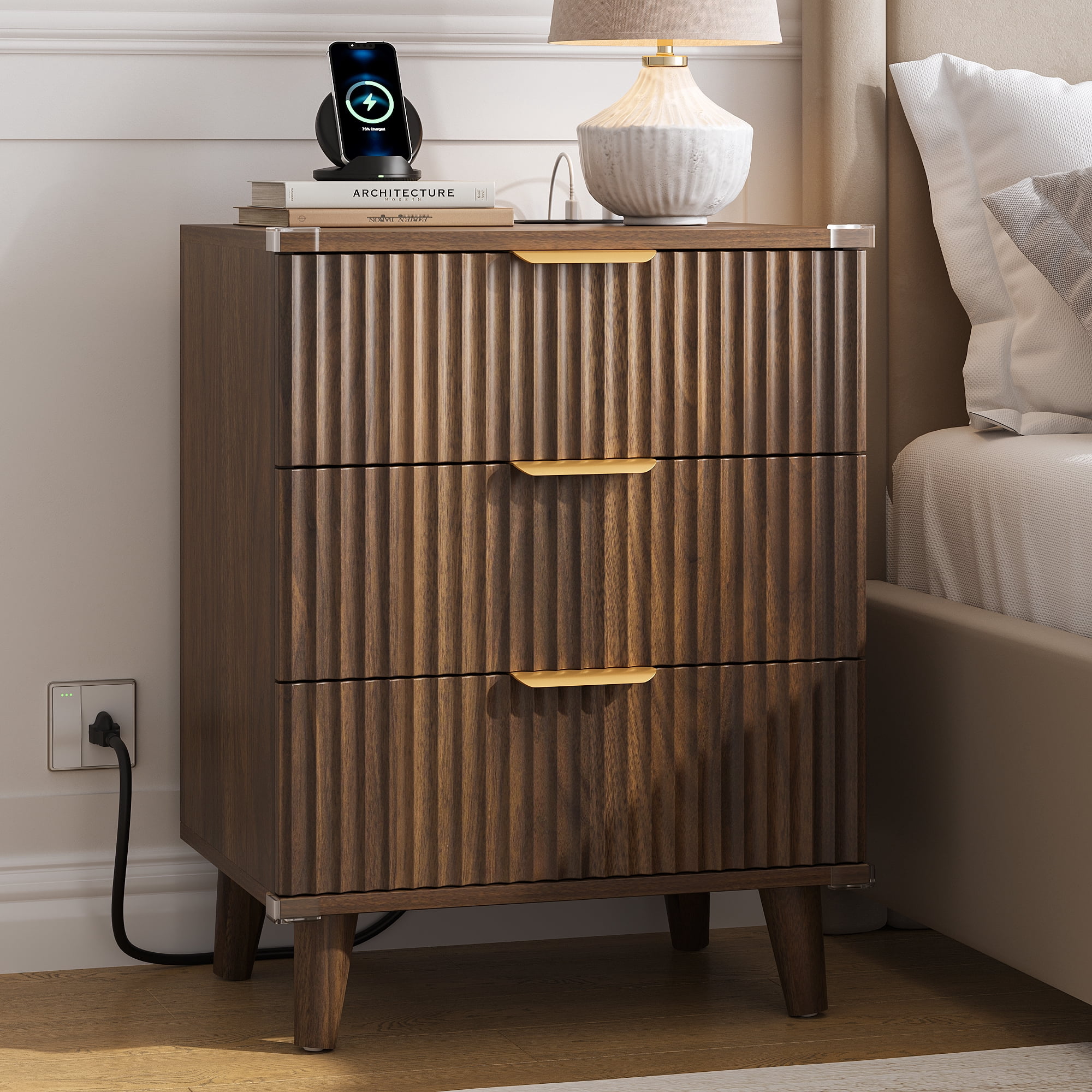 Aufeile Nightstand with Charging Station, 3 Drawer Nightstand for Bedroom, Fluted Bedside Table with USB Ports, Modern Wood Bedroom Side Table with Drawers, Walnut