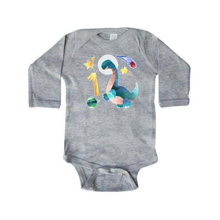 

Inktastic First Birthday Dinosaur Astronaut with Stars and Planet Gift Baby Boy or Baby Girl Long Sleeve Bodysuit