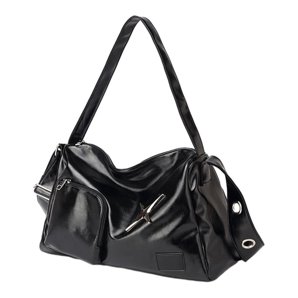 Bolso de hombro para mujer, de piel sintética, moderno, portátil, con cierre de cremallera Negro