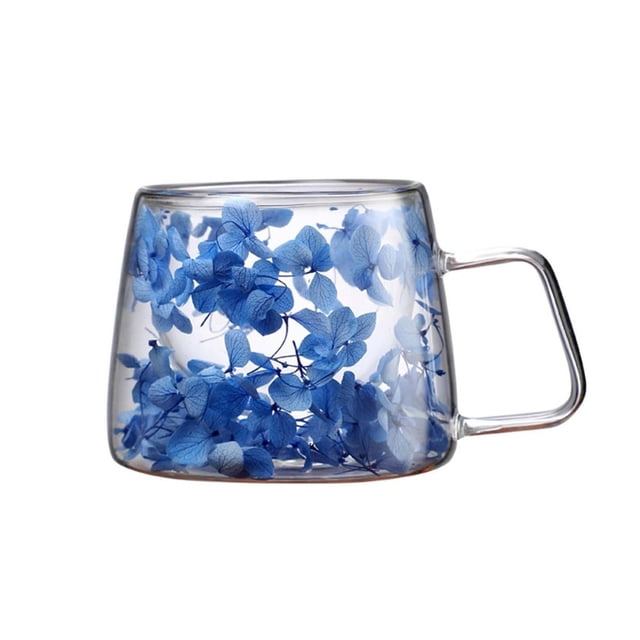 Piwvid Double Wall Glass Coffee Mugs with Dried Flowers, Insulated Heat Resistant Cups with Handles for Cappuccino, Tea, Milk, Christmas Birthday Gifts for Women, Aesthetic Drinkware
