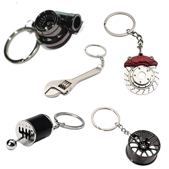 5pcs Car Lovers Key Chain Set - Includs Manual Gear Shifter, Wheel Rim, Spannerm Turbo, Brake Disc Keychain For Auto Enthusiast Gift Birthday Party Favors Key Chains
