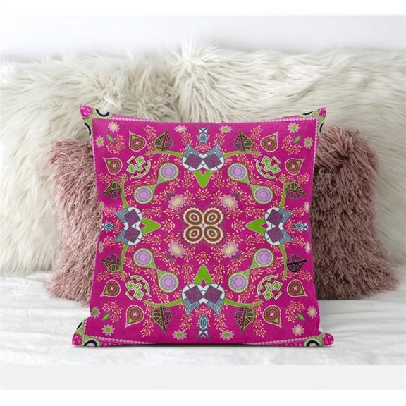 Amrita Sen Designs  16 x 16 in. Paisley Pattern Square Suede Zippered Pillow with Insert - Hot Pink