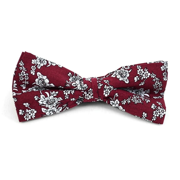 Urban-Peacock Men's Cotton Banded Bow Tie with Gift Box - Floral Wedding - Burgundy Small Print