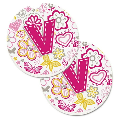 

Carolines Treasures CJ2005-VCARC Letter V Flowers and Butterflies Pink Set of 2 Cup Holder Car Coasters Large