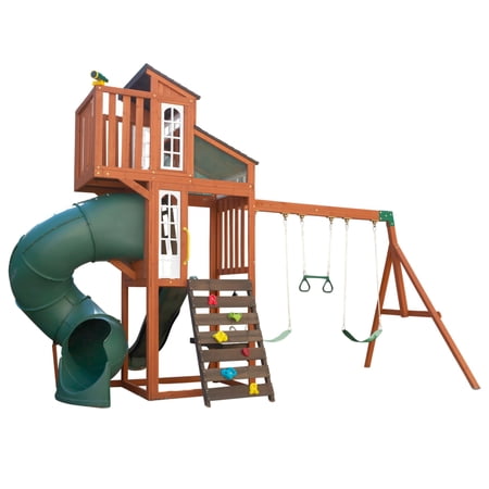 KidKraft Austin Wooden Outdoor Swing Set with Slides  Swings  Kitchen and Rock Wall