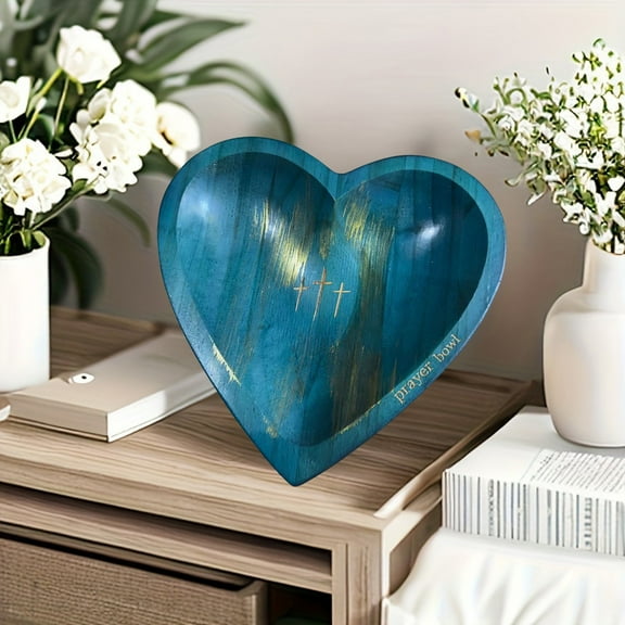 Ovzne Heart Shaped Pray Bowl with Pray Cards - Handcrafted Solid Wood Religious Gift, Decorative Spiritual Accessory
