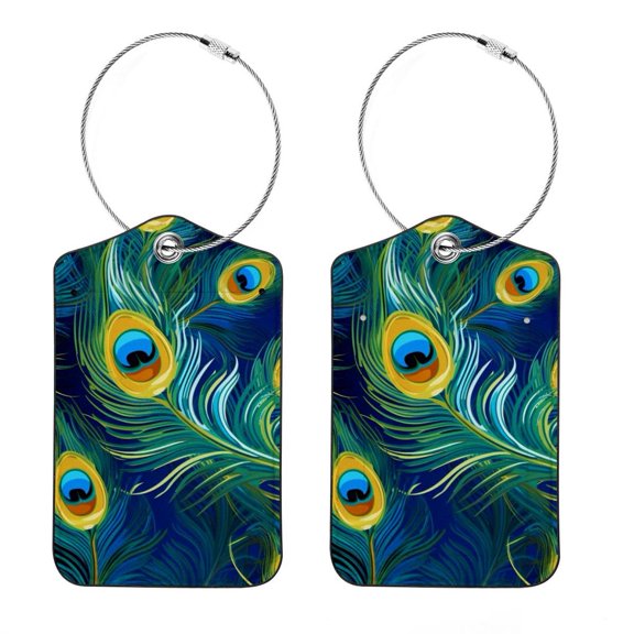 Luggage Tag, Travel Tags, Handbag Tag - Square PU Leather 2 Pack with Privacy Cover and Stainless Steel Ring - Suitable for Travel, Backpack, Handbag [Amazon Approved] Peacock Feather