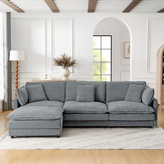 Modern Grey Towel Fabric L-Shaped Sectional Sofa with Ottoman for Living Room (110.2''x58.7'')
