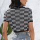 thumbnail image 4 of Blusa corta de punto con cuello vuelto, patrón a cuadros, blusa ajustada de manga corta con un solo pecho, 4 of 8